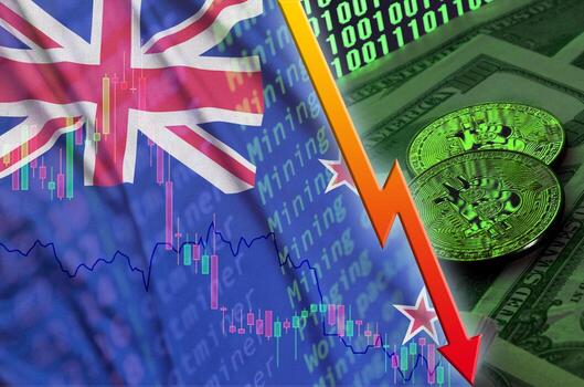 bandera de nueva zelanda y tendencia descendente de criptomonedas con dos bitcoins en billetes de dólar y visualización de código binario foto
