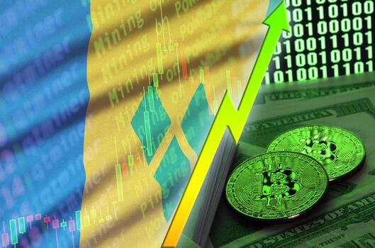 bandera de san vicente y las granadinas y tendencia creciente de criptomonedas con dos bitcoins en billetes de dólar y visualización de código binario foto