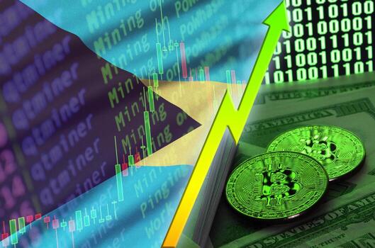 bandera de bahamas y tendencia creciente de criptomonedas con dos bitcoins en billetes de dólar y visualización de código binario foto