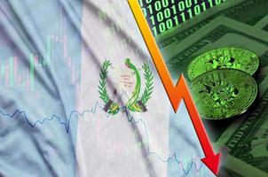 Guatemala flag and cryptocurrency falling trend with two bitcoins on dollar bills and binary code display photo