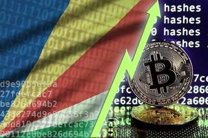 bandera de seychelles y flecha verde ascendente en la pantalla de minería bitcoin y dos bitcoins dorados físicos foto