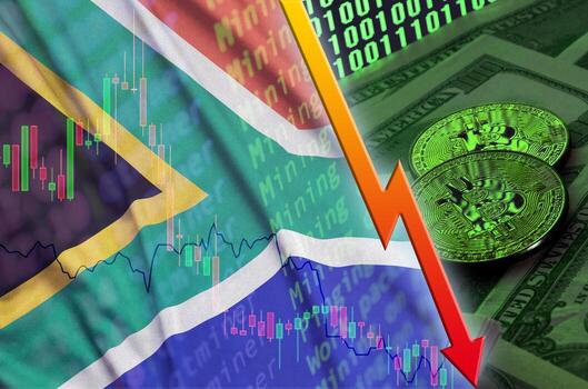 bandera de sudáfrica y tendencia de caída de criptomonedas con dos bitcoins en billetes de dólar y visualización de código binario foto