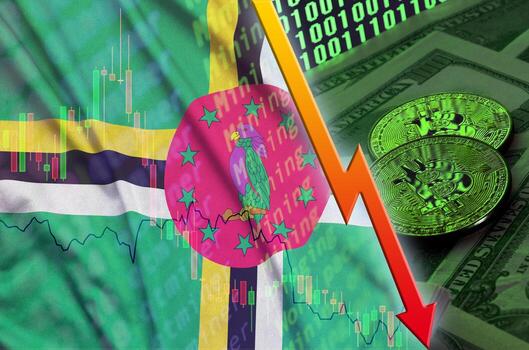 bandera dominicana y tendencia descendente de criptomonedas con dos bitcoins en billetes de dólar y visualización de código binario foto