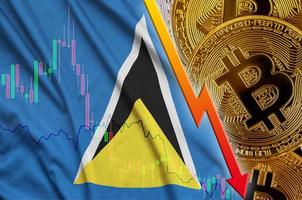 bandera de santa lucía y tendencia de caída de criptomonedas con muchos bitcoins dorados foto