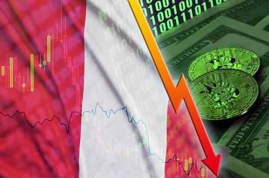 bandera peruana y tendencia descendente de criptomonedas con dos bitcoins en billetes de dólar y visualización de código binario foto