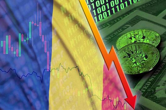 bandera rumana y tendencia de caída de criptomonedas con dos bitcoins en billetes de dólar y visualización de código binario foto