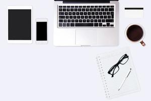 Top view of  white office desk table. photo