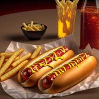 Hot dogs with ketchup, yellow mustard, french fries and soda. photo