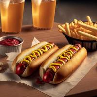 Hot dogs with ketchup, yellow mustard, french fries and soda. photo