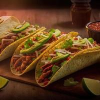 High angle mexican tacos on wooden background photo