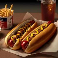 Hot dogs with ketchup, yellow mustard, french fries and soda. photo