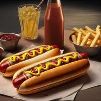 Hot dogs with ketchup, yellow mustard, french fries and soda. photo