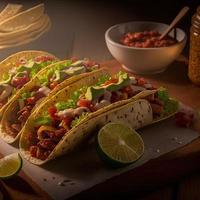 tacos mexicanos de alto ángulo sobre fondo de madera foto