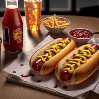 perros calientes con ketchup, mostaza amarilla, papas fritas y refresco. foto