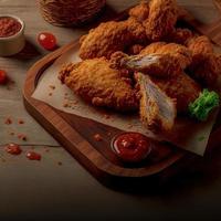 Crispy fried chicken on a wooden plate with tomato sauce photo