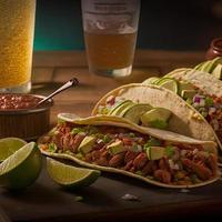 High angle mexican tacos on wooden background photo