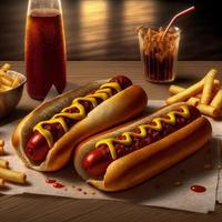 Hot dogs with ketchup, yellow mustard, french fries and soda. photo