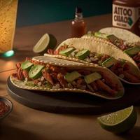 High angle mexican tacos on wooden background photo