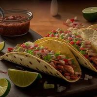 High angle mexican tacos on wooden background photo