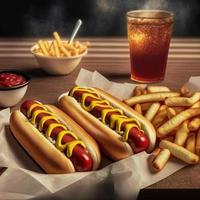 Hot dogs with ketchup, yellow mustard, french fries and soda. photo