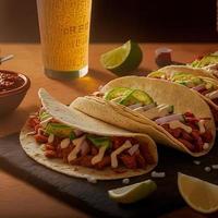 High angle mexican tacos on wooden background photo