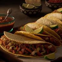 High angle mexican tacos on wooden background photo