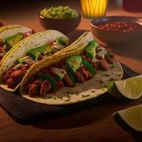 High angle mexican tacos on wooden background photo