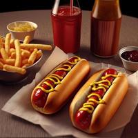 perros calientes con ketchup, mostaza amarilla, papas fritas y refresco. foto