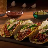 High angle mexican tacos on wooden background photo