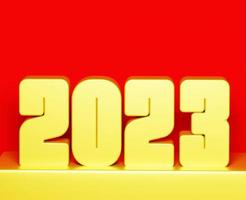 2023 Happy New Year. 3d render gold metallic sign on display podium red background. Realistic 3D 2023 signage for New Year celebration design photo