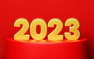 2023 Happy New Year. 3d render 2023 gold metallic sign on red display podium. Realistic 3D 2023 signage for New Year celebration banner photo