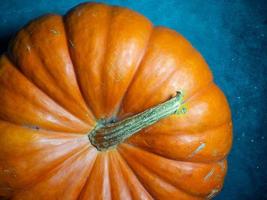 Big pumpkin on a dark background. Vegetables on the table. Preparing for Halloween. photo