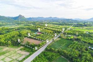Land plot for building house aerial view, land field with pins, pin location for housing subdivision residential development owned sale rent buy or investment home or house expand the city suburb photo