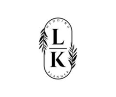 colección de logotipos de monogramas de boda con letras iniciales lk, plantillas florales y minimalistas modernas dibujadas a mano para tarjetas de invitación, guardar la fecha, identidad elegante para restaurante, boutique, café en vector