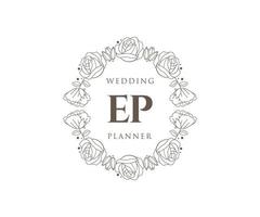 colección de logotipos de monogramas de boda con letras iniciales ep, plantillas florales y minimalistas modernas dibujadas a mano para tarjetas de invitación, guardar la fecha, identidad elegante para restaurante, boutique, café en vector