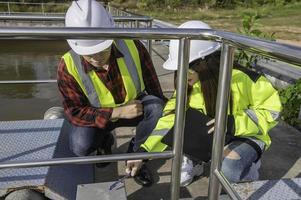 Environmental engineers work at wastewater treatment plants,Water supply engineering working at Water recycling plant for reuse,Technicians and engineers discuss work together. photo