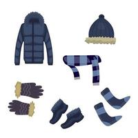 Winter clothes, fur leather jackets, knit socks, gloves, scarves, fur shoes, fur headgear. winter vector elements.