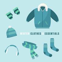 ropa de invierno, chaqueta de cuero de piel, calcetines de punto, guantes, bufanda, gorro de piel. elementos vectoriales de invierno. vector