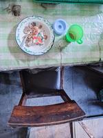 The dining table is in a mess. A messy dining table with used dishes and full of food scraps that have not been cleaned. real life. year-end photo