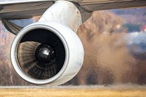 Aircraft jet engine. Plane turbofan motor. Aerospace and aviation industry. photo