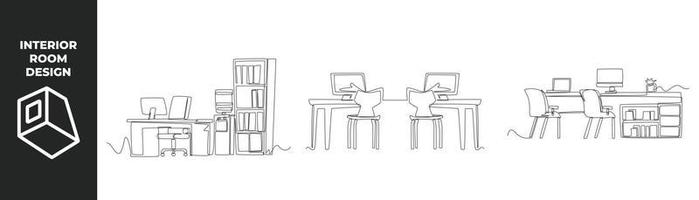 Single one line drawing office interior concept. Office desk, chair, computer,  cupboard and plant. Continuous line draw design graphic vector illustration.