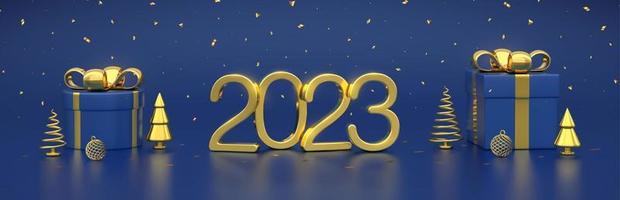 feliz año nuevo 2023. Números metálicos dorados 3d 2023 con cajas de regalo, pino en forma de cono metálico dorado, abetos, bolas, confeti sobre fondo azul. banner de navidad, encabezado, pie de página. ilustración vectorial vector