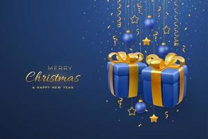 Christmas banner with 3D gift boxes with golden bows, hanging gold metallic stars and balls on blue background. Merry christmas greeting card. Holiday Xmas and New Year poster. Vector Illustration.