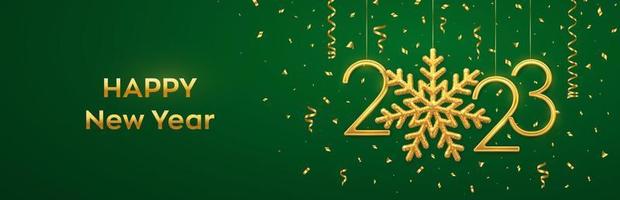 Happy New 2023 Year. Hanging Golden metallic numbers 2023 with shining snowflake and confetti on green background. New Year greeting card or banner template. Holiday decoration. Vector illustration.