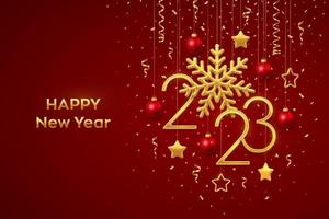 Happy New 2023 Year. Hanging Golden metallic numbers 2023 with shining snowflake and confetti on red background. New Year greeting card or banner template. Holiday decoration. Vector illustration.