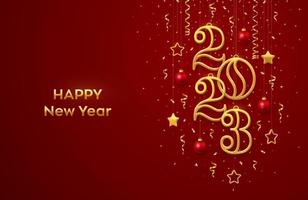 Happy New 2023 Year. Hanging Golden metallic numbers 2023 with shining 3D metallic stars, balls and confetti on red background. New Year greeting card, banner template. Realistic Vector illustration.