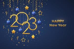 Happy New 2023 Year. Hanging Golden metallic numbers 2023 with shining 3D metallic stars, balls and confetti on blue background. New Year greeting card, banner template. Realistic Vector illustration.