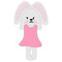 A bunny girl in a pink dress cries, covering her muzzle with her paws. Symbol of 2023. Coloring book for children. Vector image