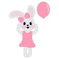 Bunny girl in a pink dress and a bow with a balloon on a white background. Symbol of 2023. Vector illustration