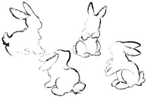 Silhouettes of four rabbits in grunge style on a white background. Symbol of 2023. Coloring book for children. Vector image